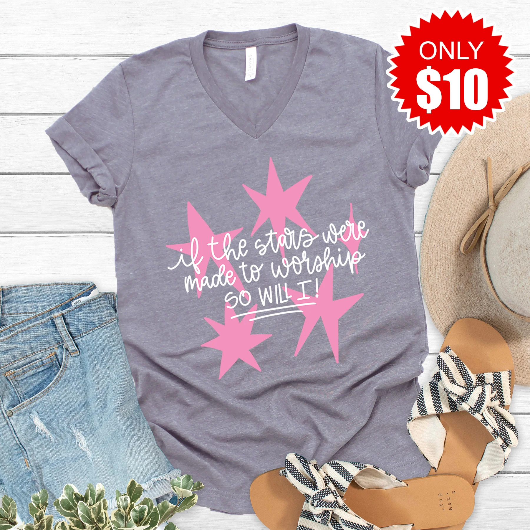 Stars Were Made To Worship V-Neck - Heather Storm - 10