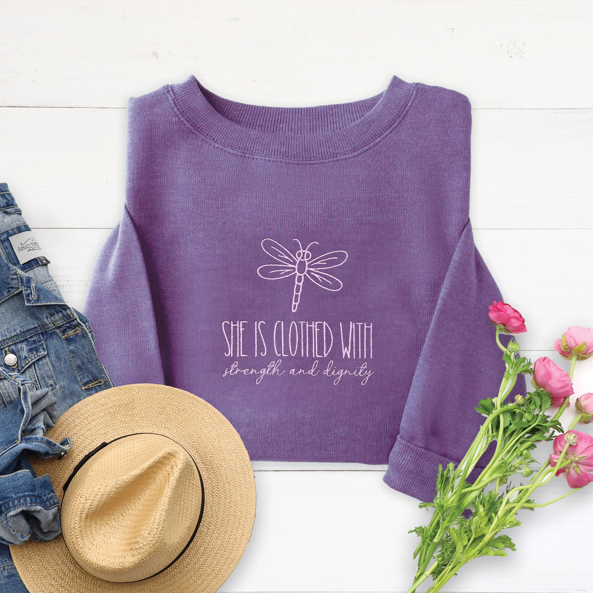Strength and Dignity Embroidered Crewneck Sweatshirt