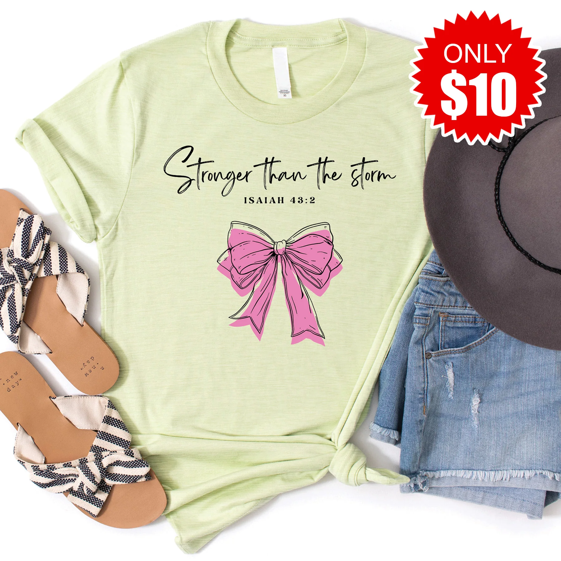 Stronger Than The Storm Tee - Heather Light Green - 10