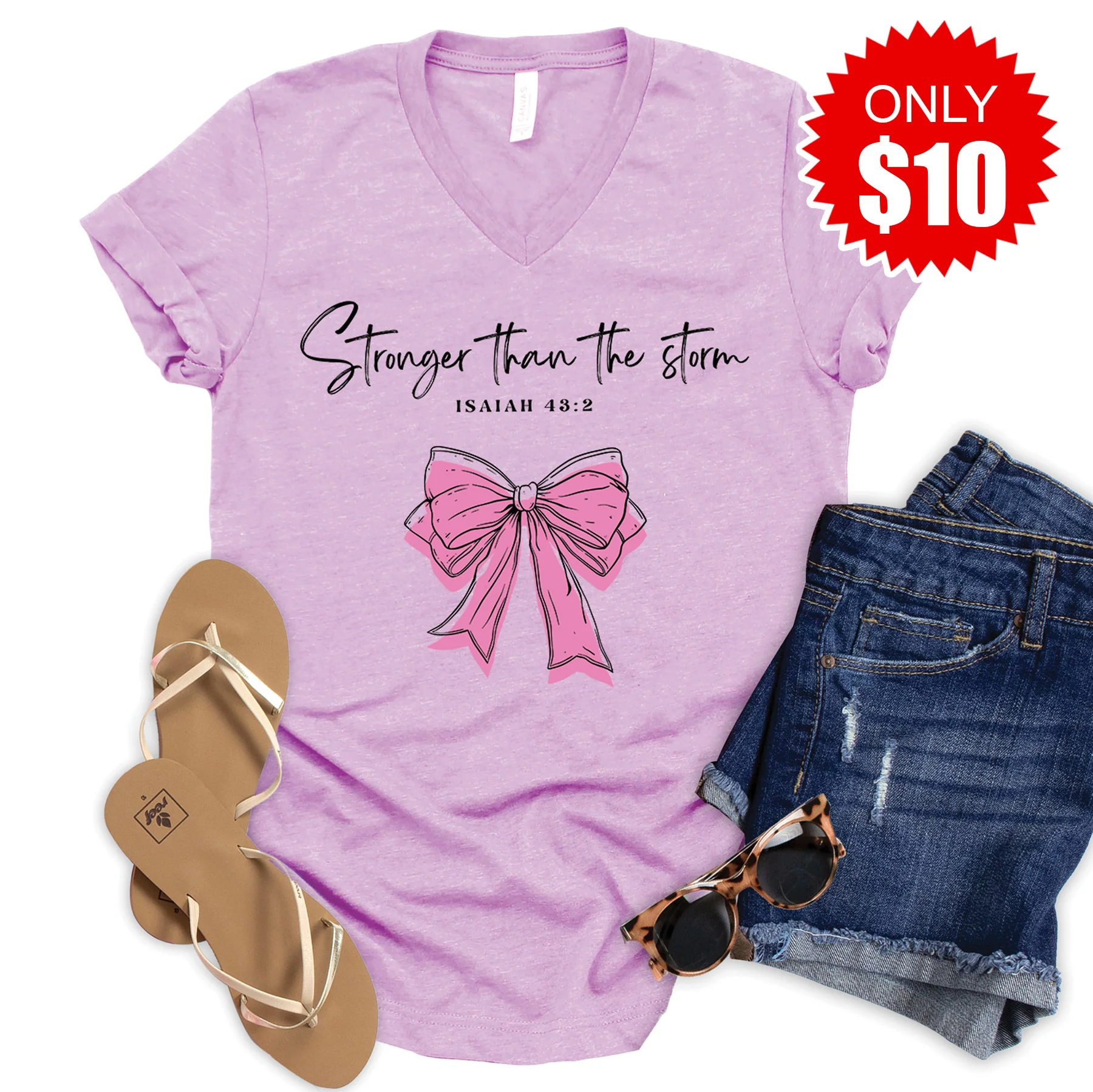 Stronger Than The Storm V-Neck - Heather Lilac - 10