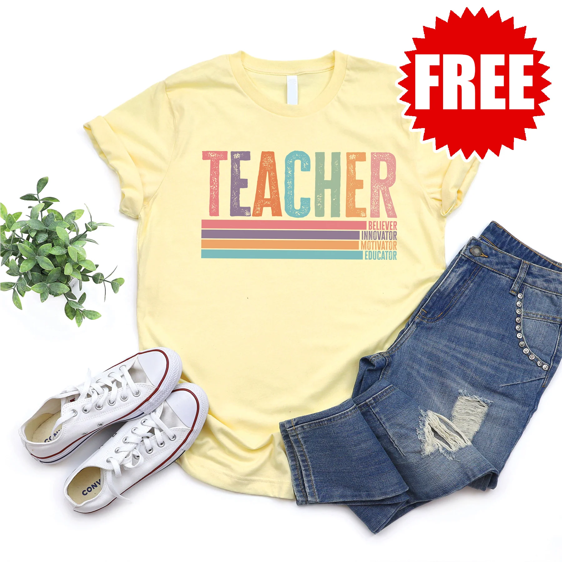 Teacher Retro Tee - Heather Pale Yellow - 0
