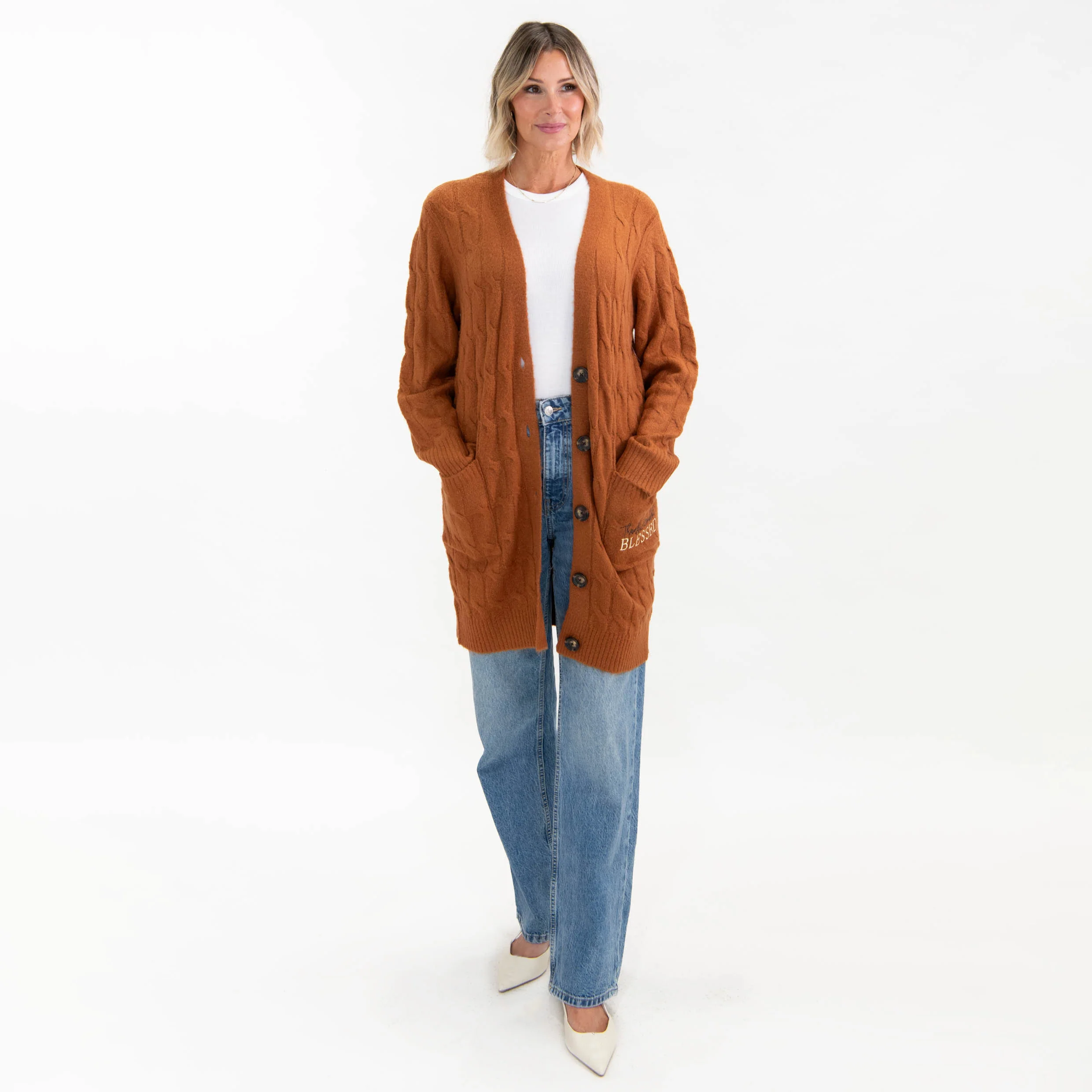 Thankful Grateful Blessed Cable Knit Cardigan - Image 6