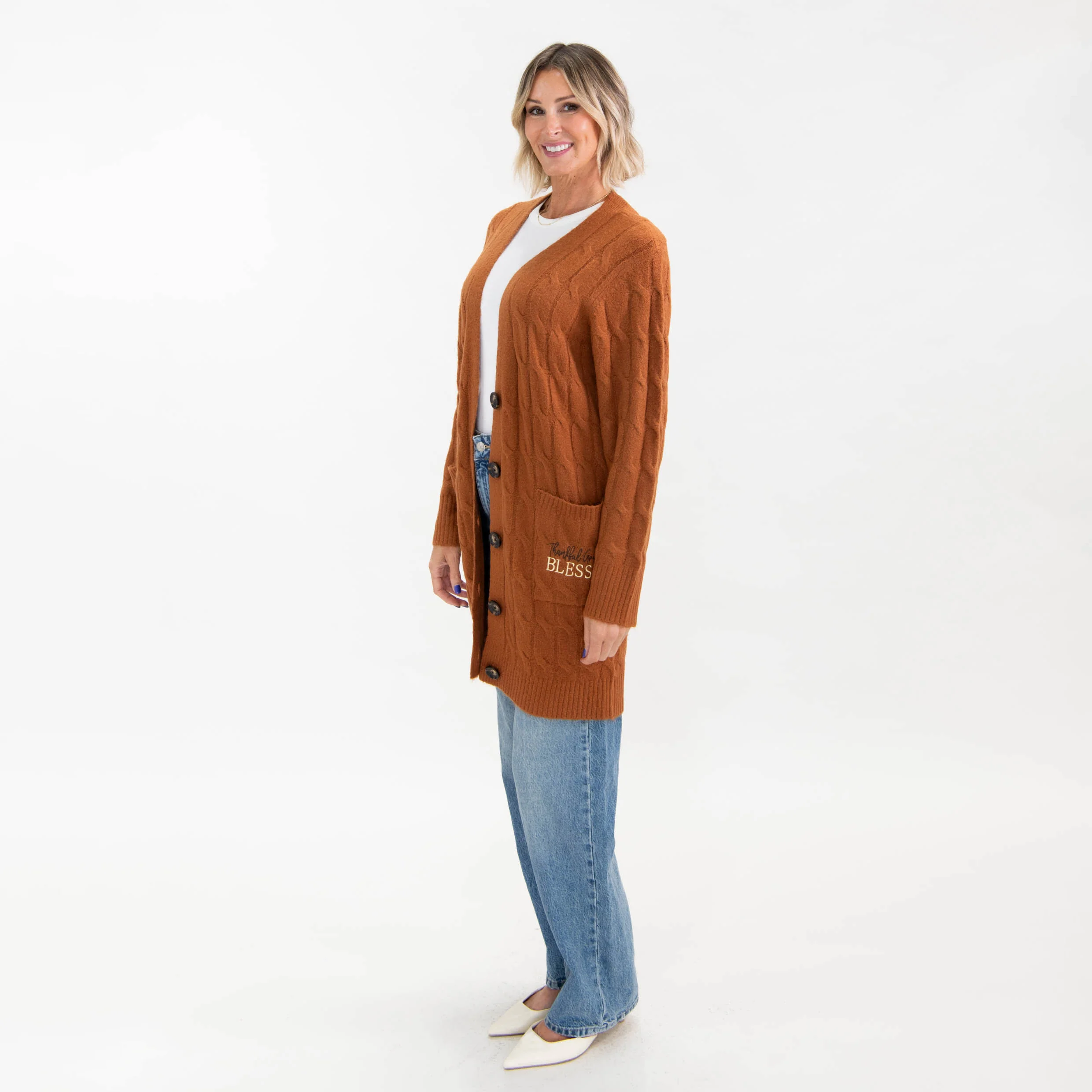 Thankful Grateful Blessed Cable Knit Cardigan - Image 9