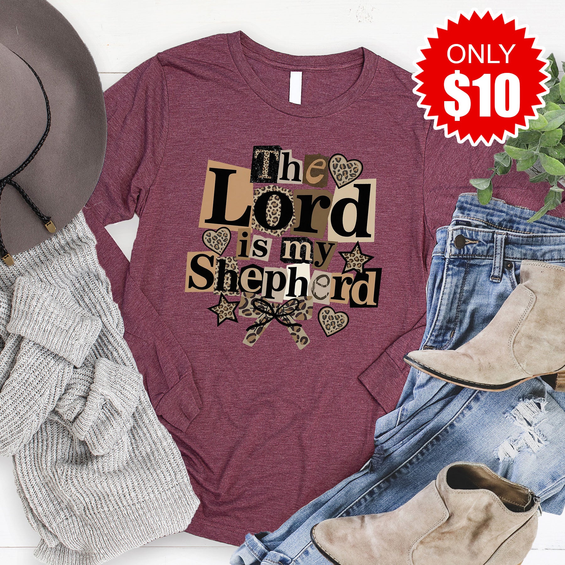 The Lord Is My Shepherd Long Sleeve - Heather Burgundy - 10