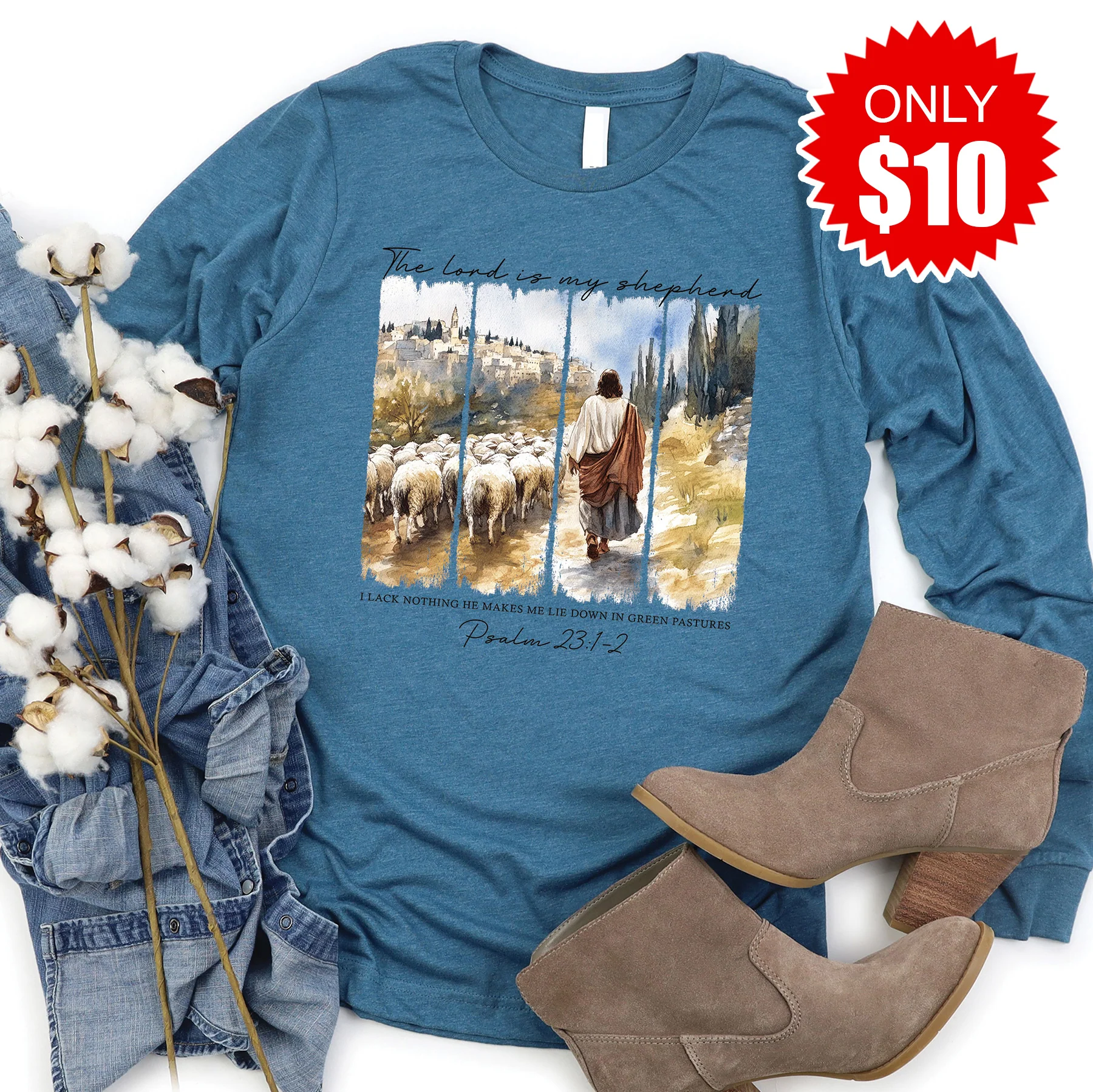 The Lord Is My Shepherd Long Sleeve - Heather Deep Teal - 10