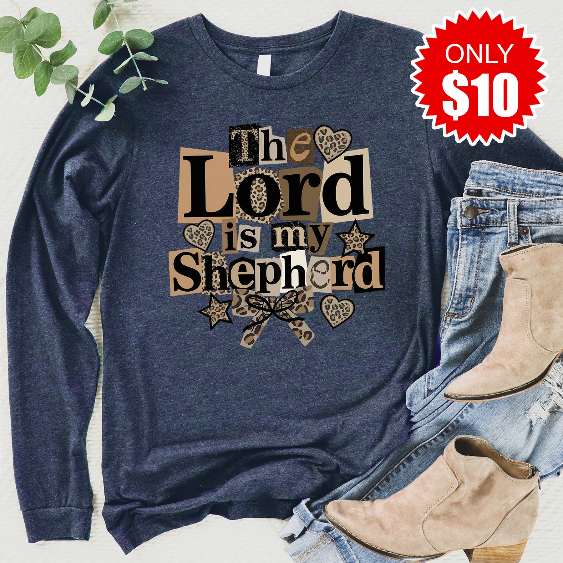 The Lord Is My Shepherd Long Sleeve - Heather Navy - 10