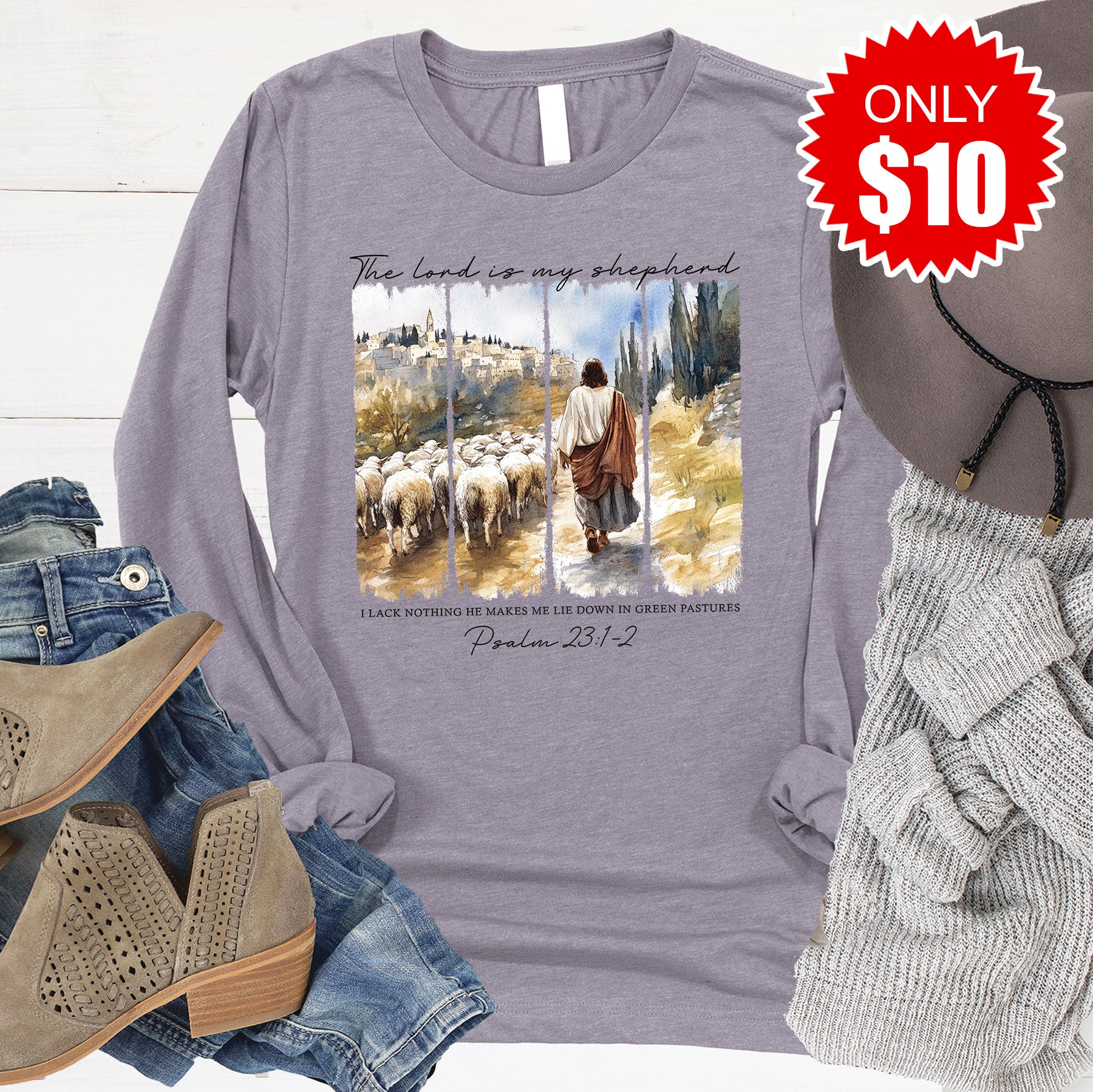 The Lord Is My Shepherd Long Sleeve - Heather Storm - 10