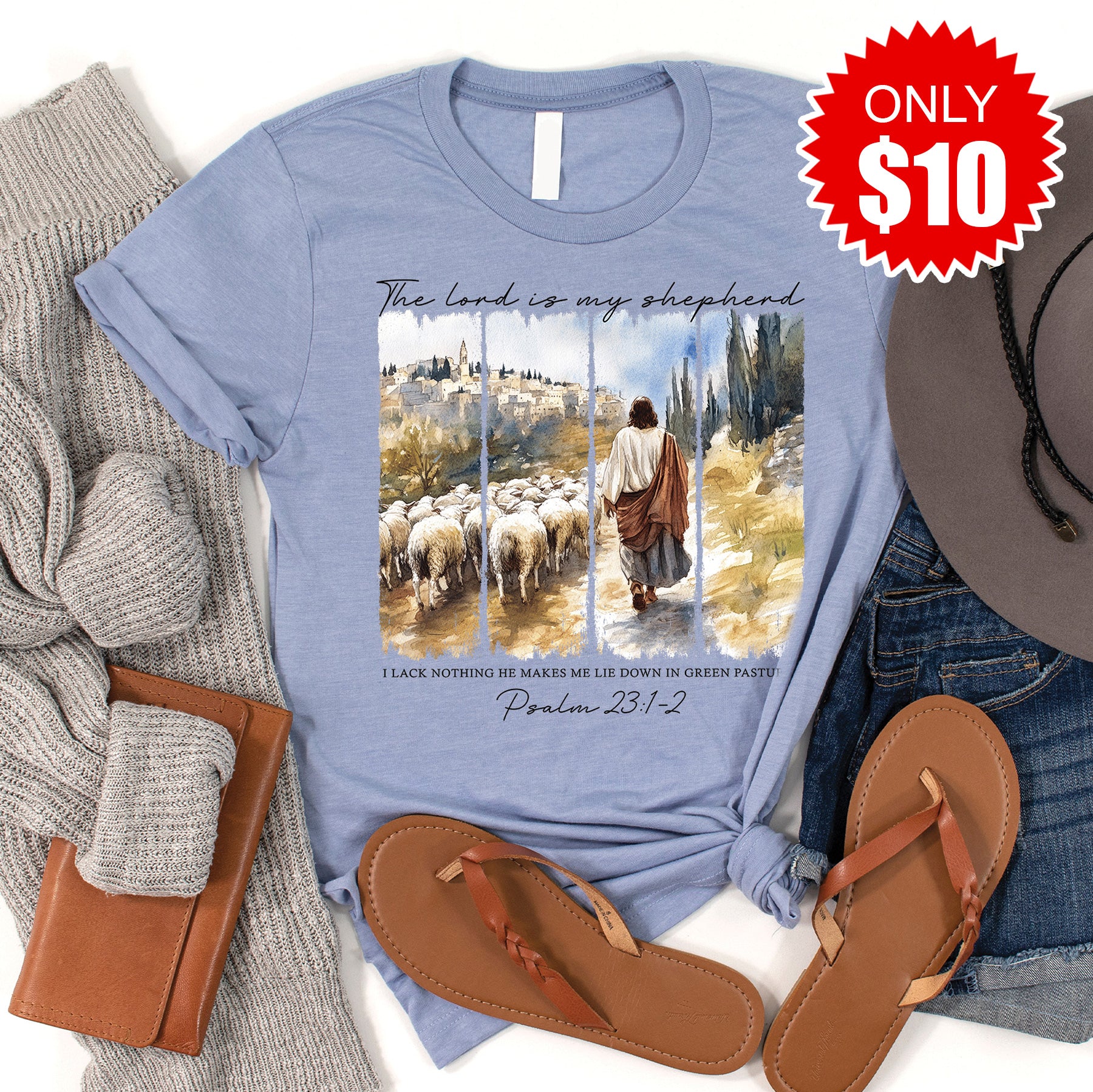 The Lord Is My Shepherd Tee - Heather Blue - 10