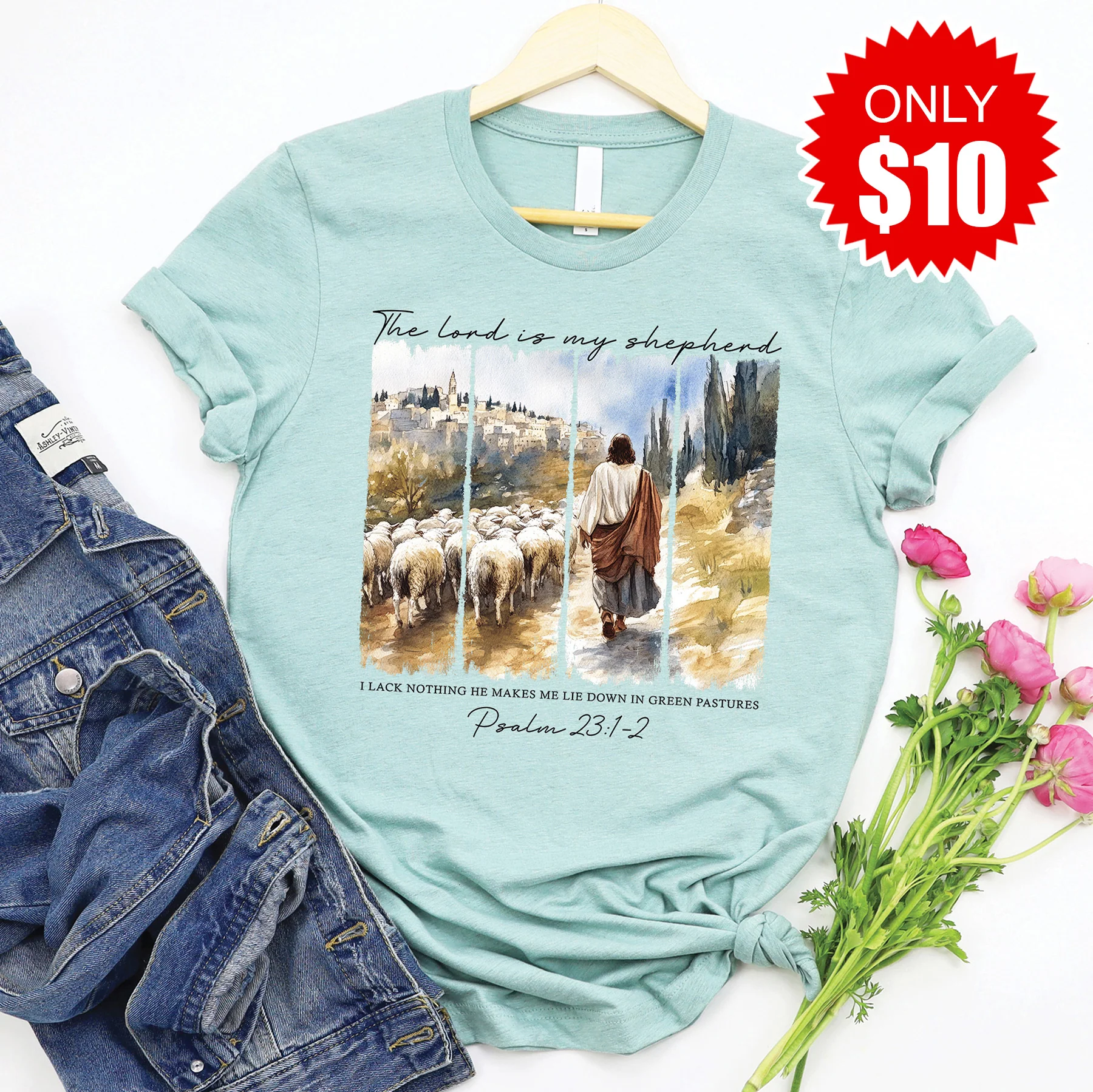 The Lord Is My Shepherd Tee - Heather Dusty Blue - 10