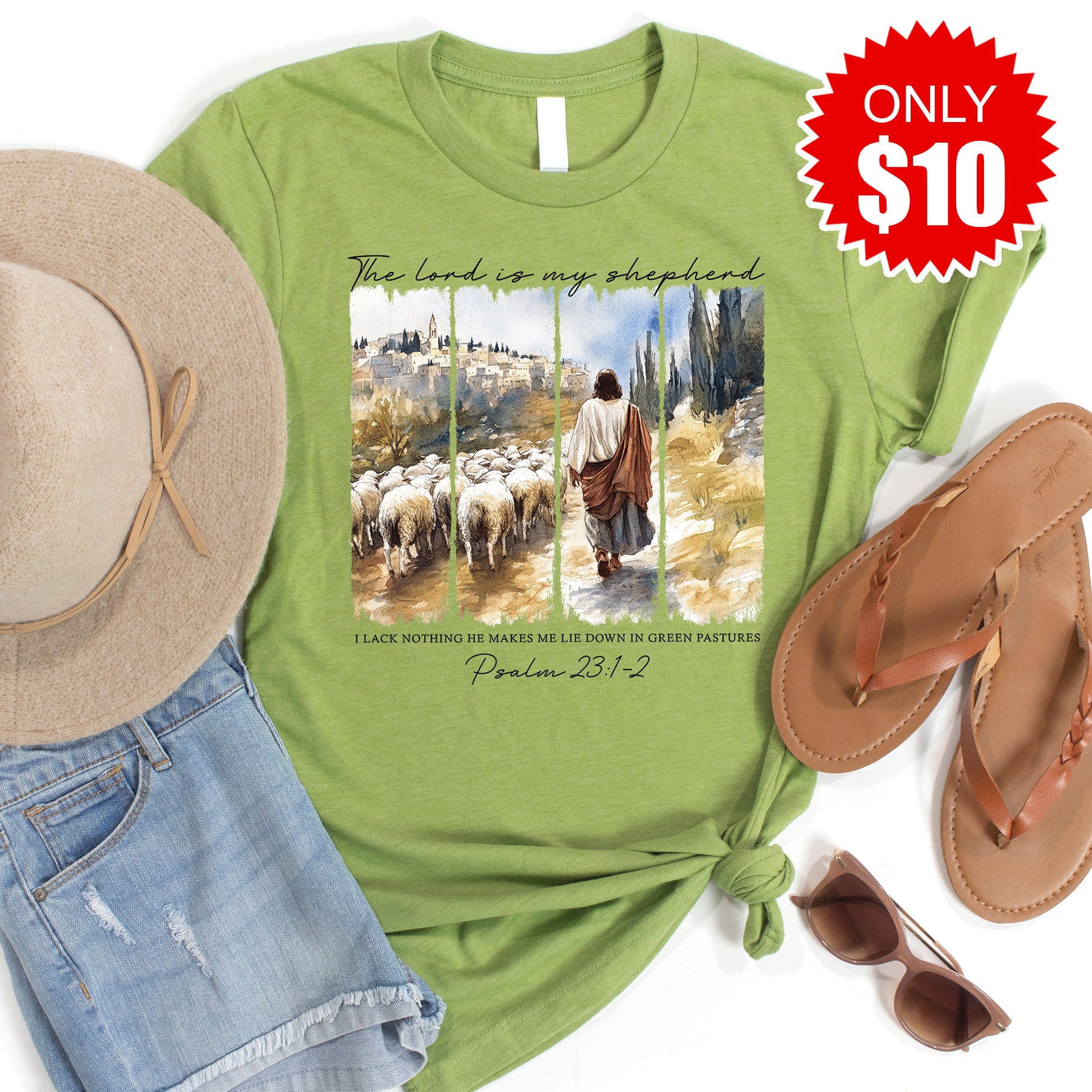 The Lord Is My Shepherd Tee - Heather Green - 10