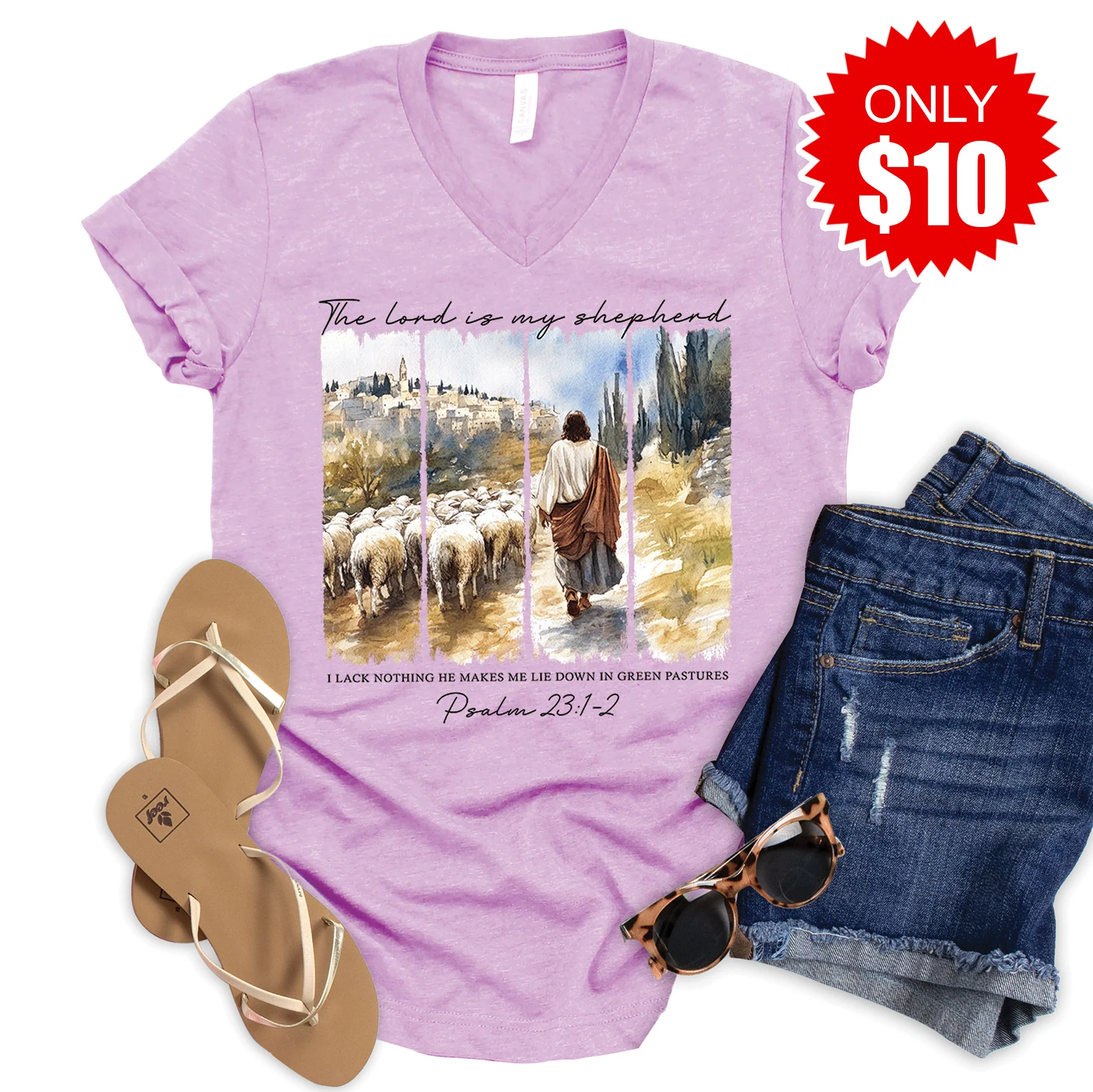 The Lord Is My Shepherd V-Neck - Heather Lilac - 10