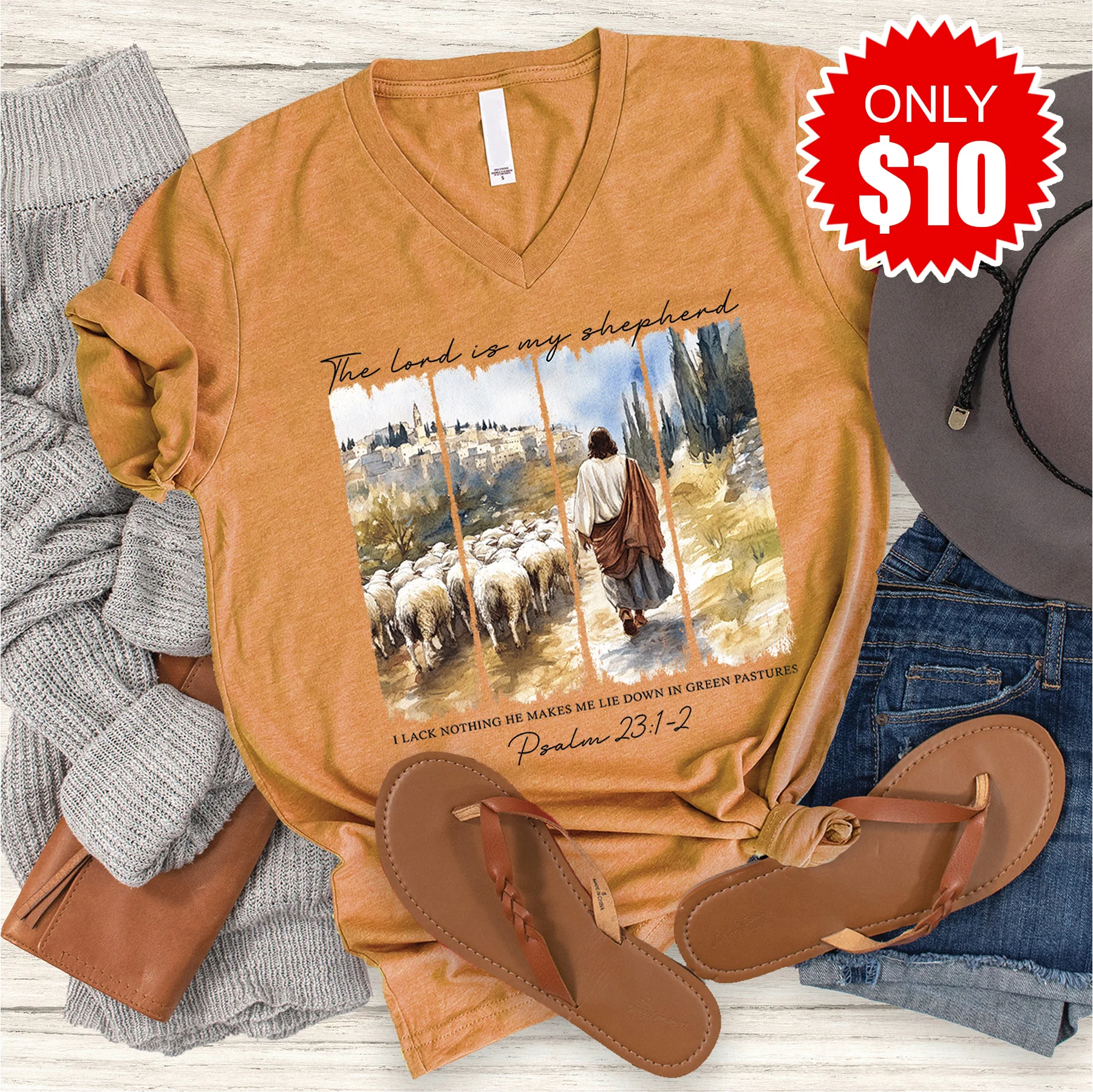 The Lord Is My Shepherd V-Neck - Heather Toast - 10