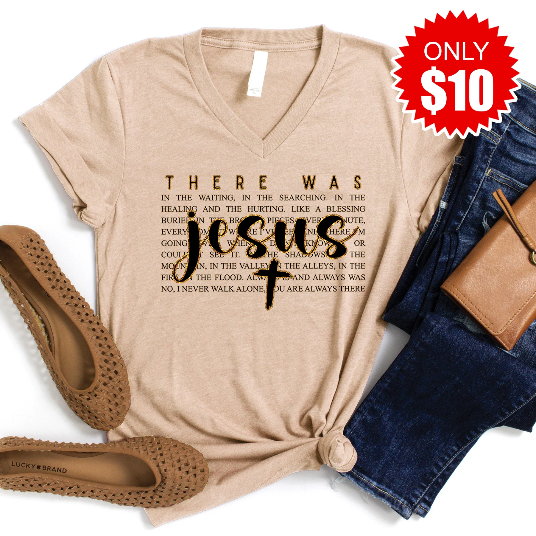 There Was Jesus V-Neck - Heather Sand Dune - 10
