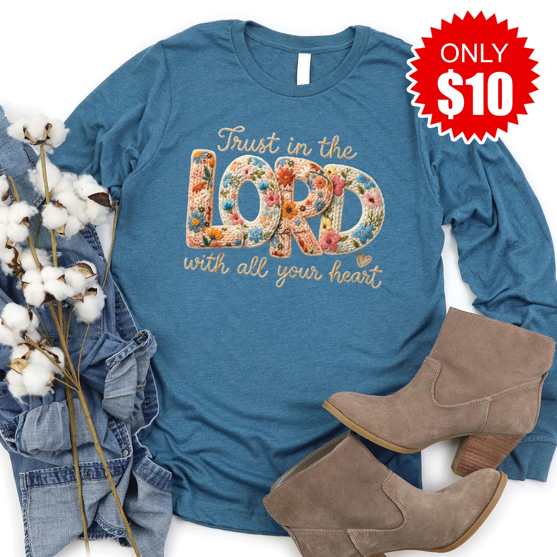 Trust In The Lord Long Sleeve - Heather Deep Teal - 10