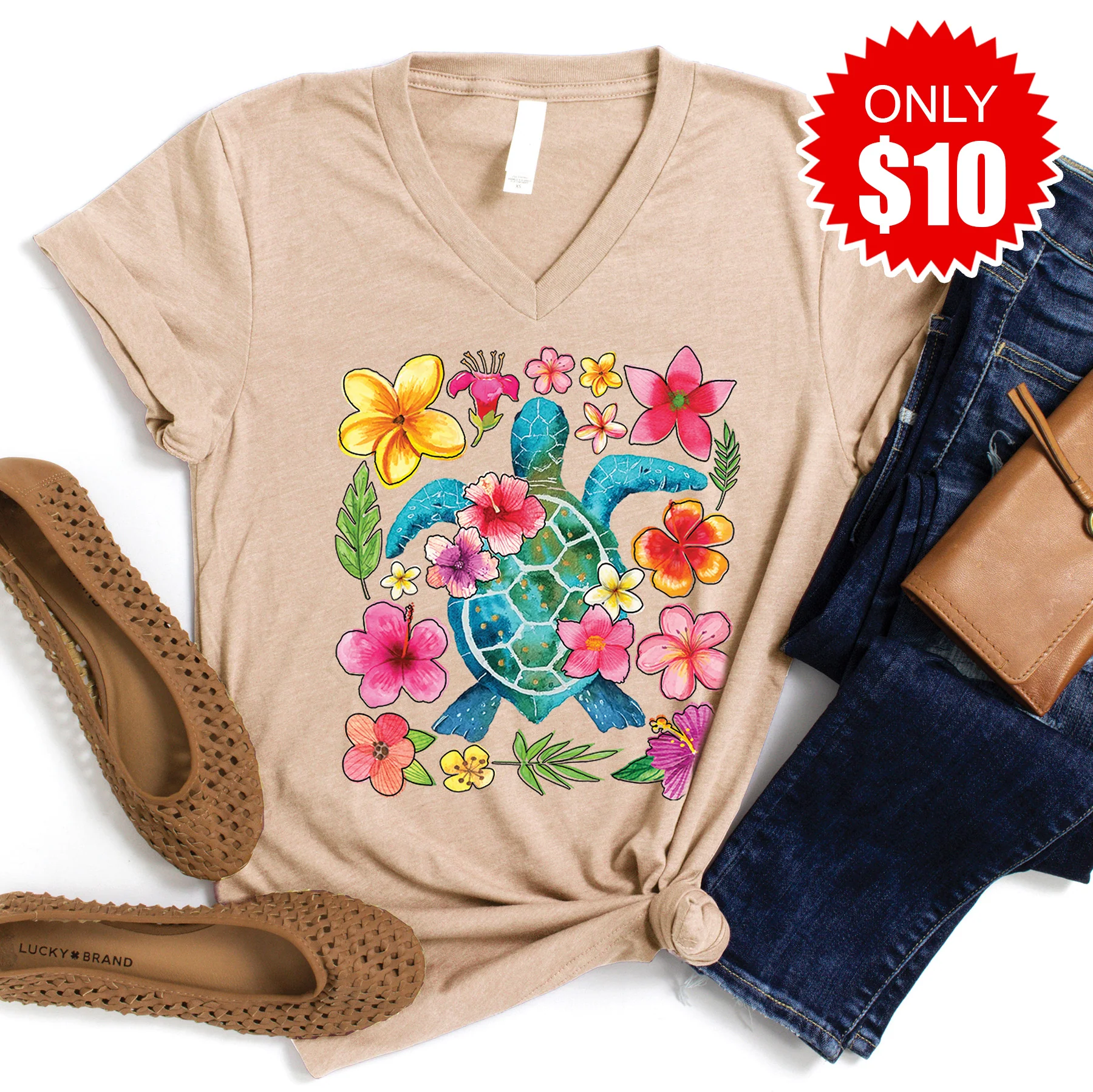 Turtle Floral V-Neck - 10