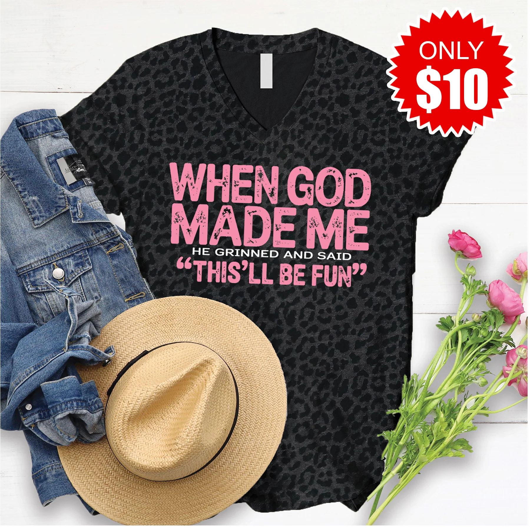 When God Made Me V-Neck - Black Leopard - 10