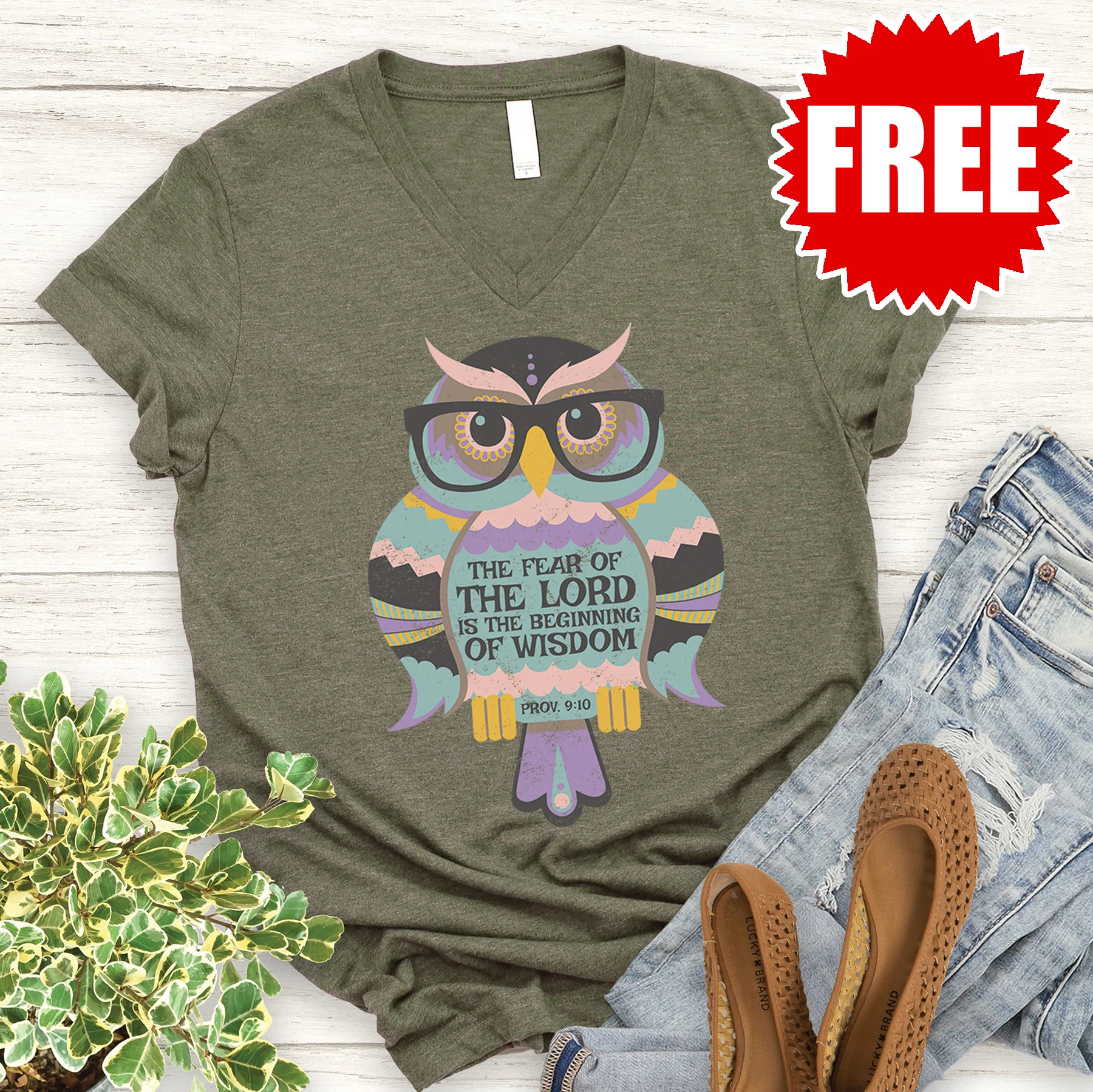 Wisdom Owl V-Neck - Heather Olive - 0