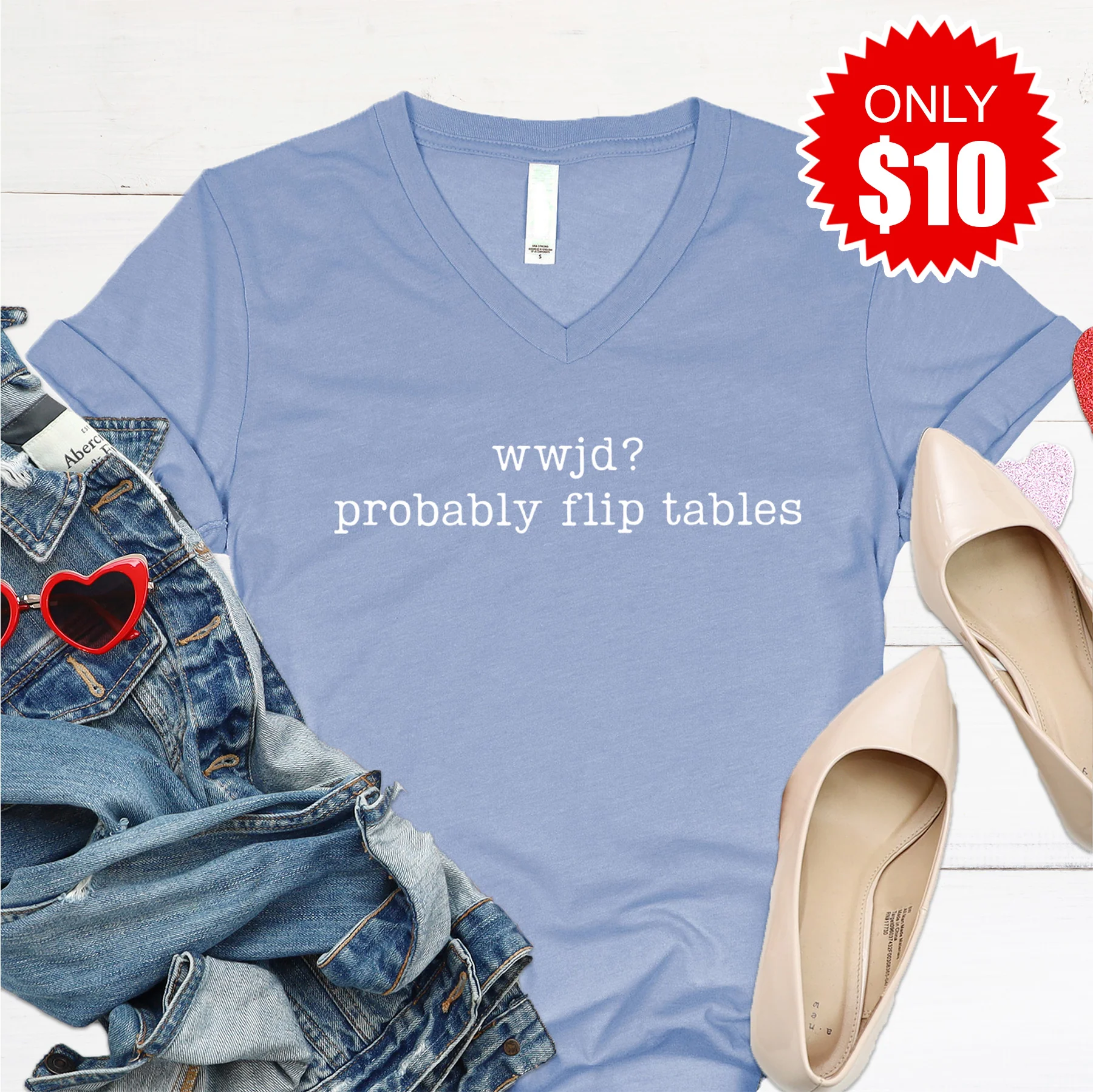 WWJD V-Neck - Heather Blue - 10