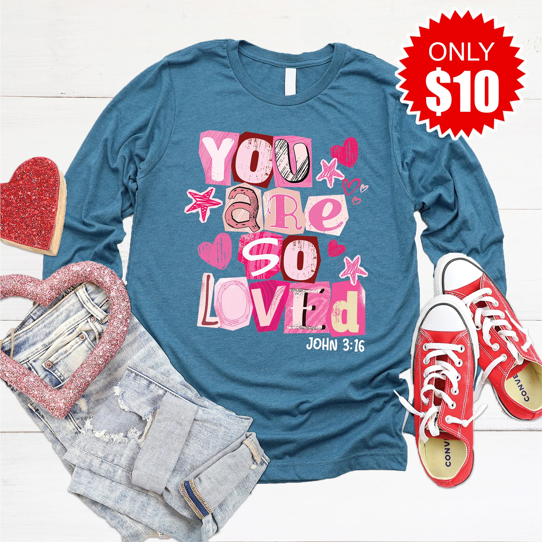 You Are So Loved Long Sleeve - Heather Deep Teal - 10