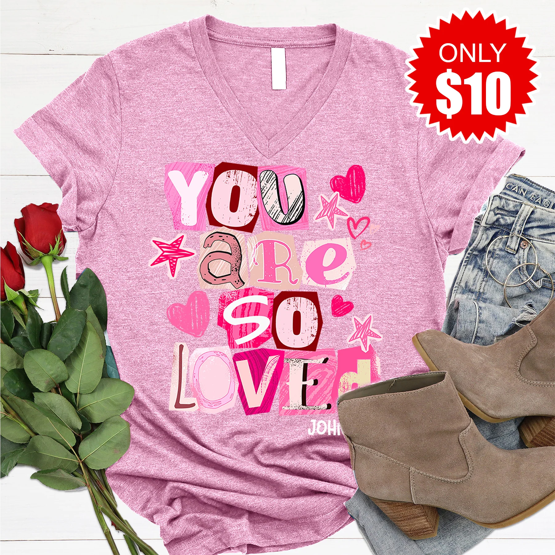 You Are So Loved V-Neck - Heather Bubble Gum - 10