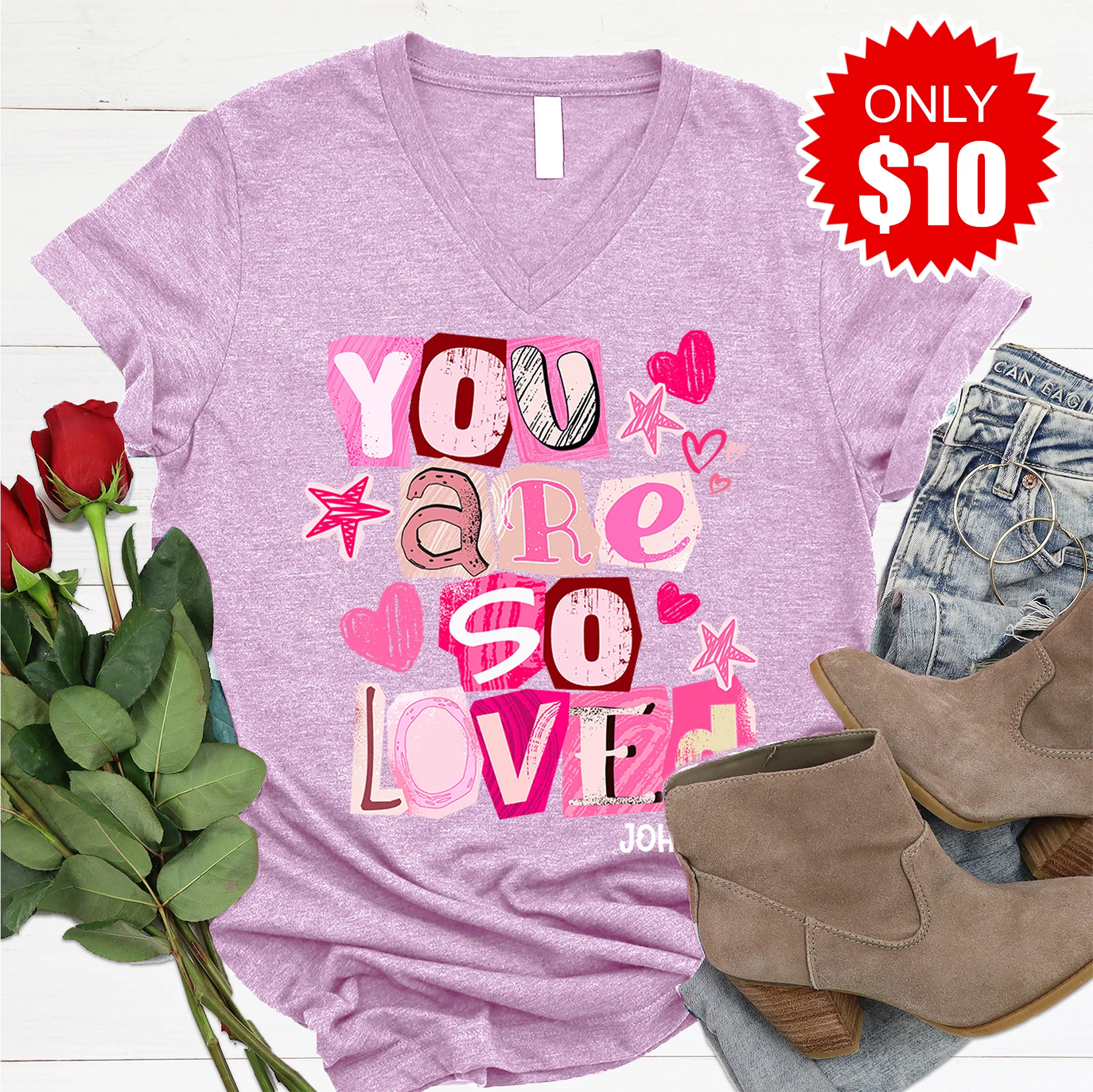 You Are So Loved V-Neck - Heather Lilac - 10
