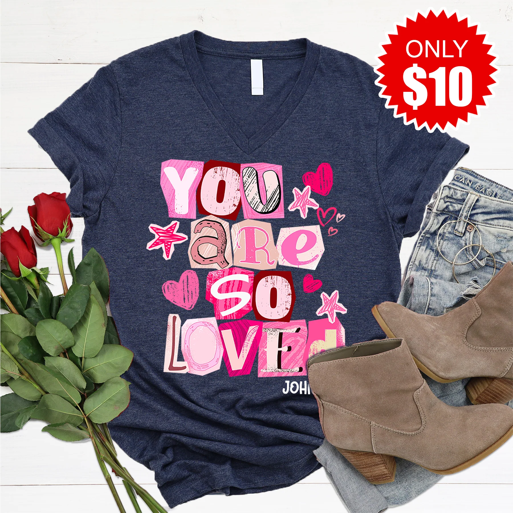 You Are So Loved V-Neck - Heather Navy - 10