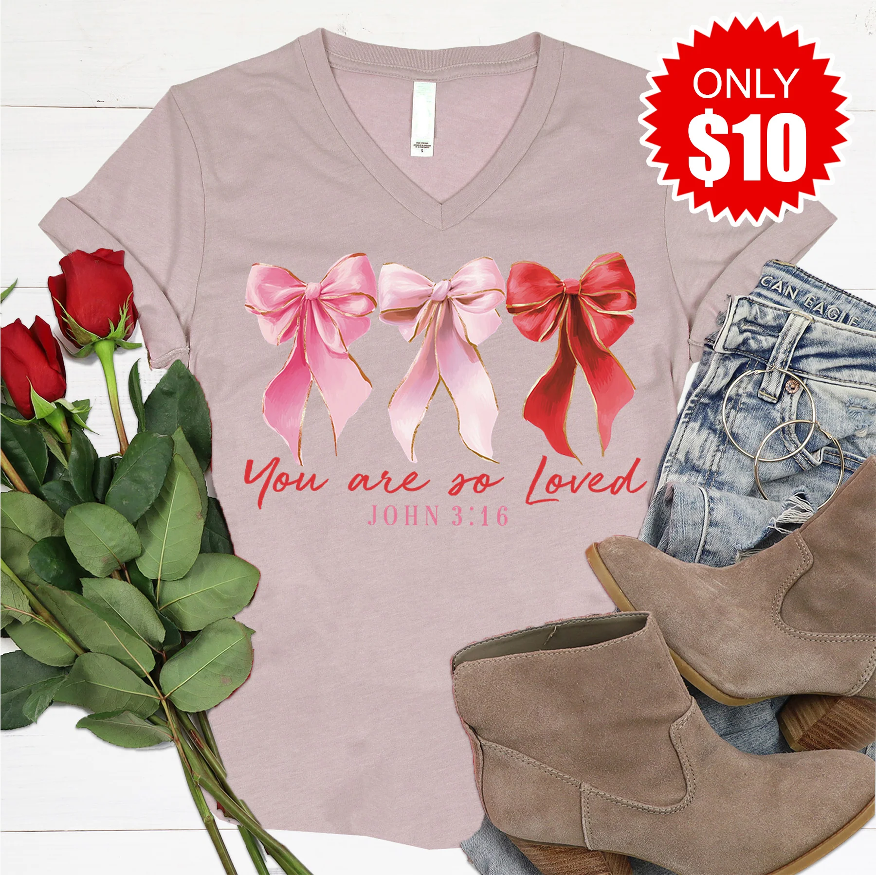 You Are So Loved V-Neck - Heather Pink Gravel - 10