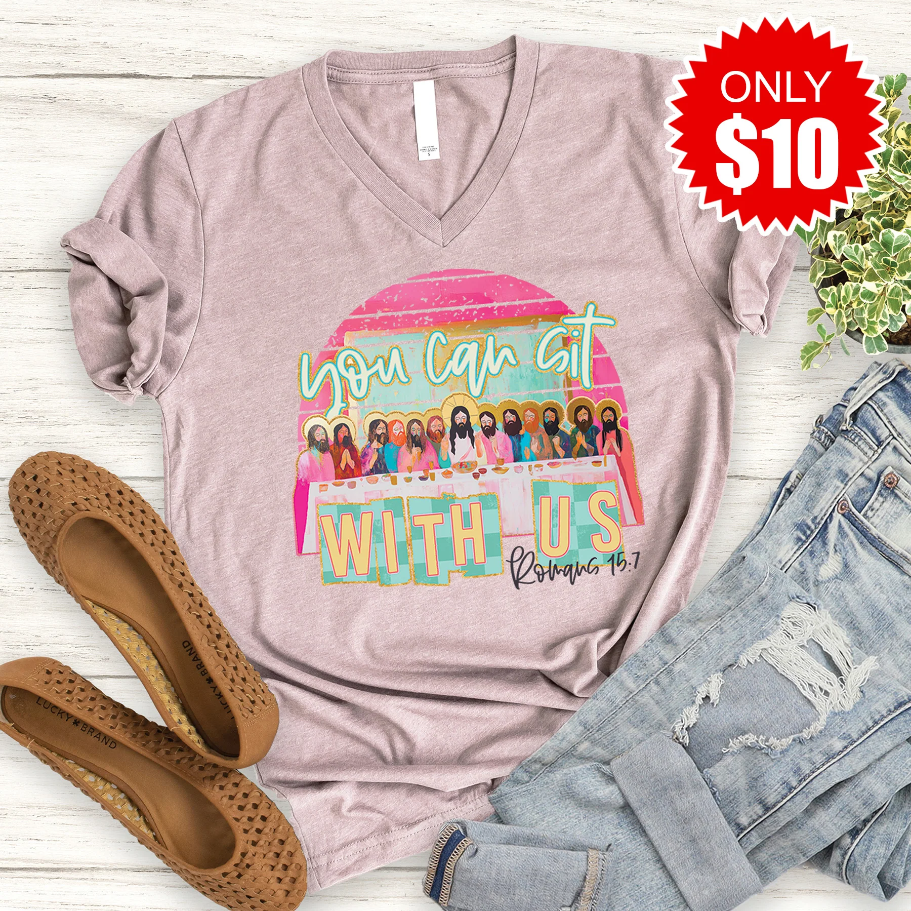 You Can Sit With Us V-Neck - Heather Pink Gravel - 10