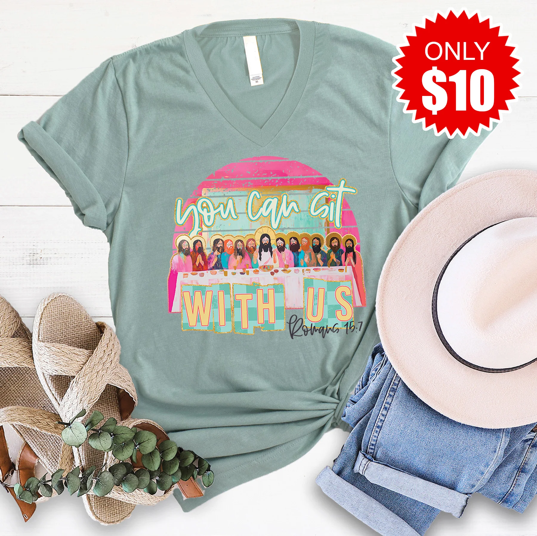 You Can Sit With Us V-Neck - Heather Sage - 10